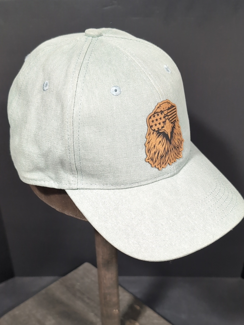 Outdoor Cap,Light Green Hat With Bald Eagle Wearing American Flag Logo Patch.